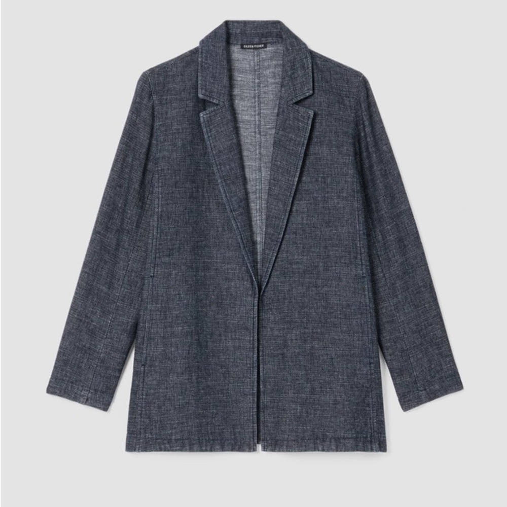 NWT Eileen Fisher Tweedy Hemp Cotton Long Blazer in Blue. Size PP